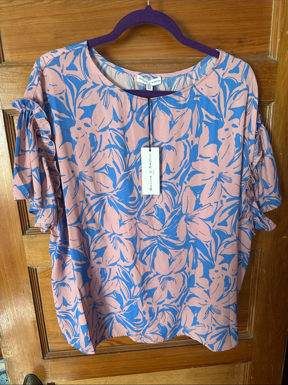 Floral Print Short Sleeve Blouse - Pink/Blue NWT Size XL
